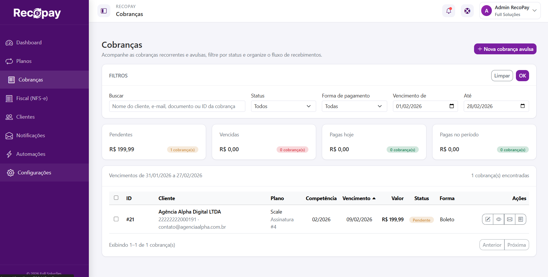 Gestão de cobranças com filtros e status