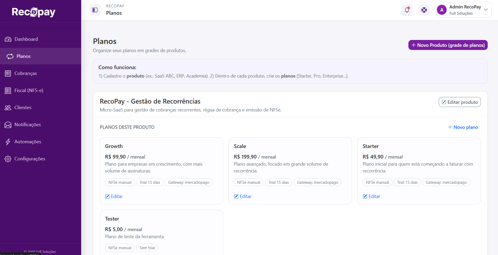 Configuração de planos e assinaturas