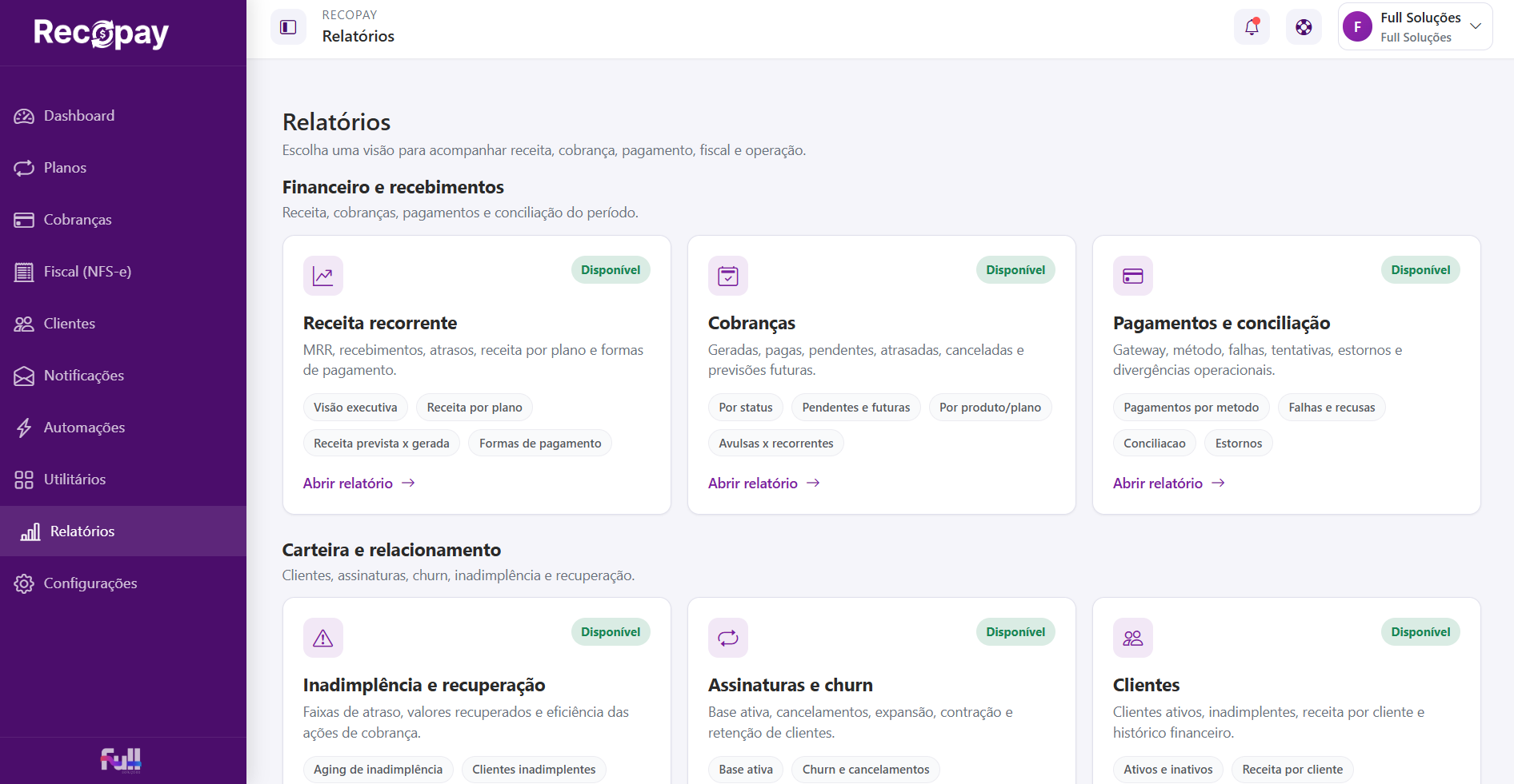 Relatórios de receita recorrente, MRR e cobranças